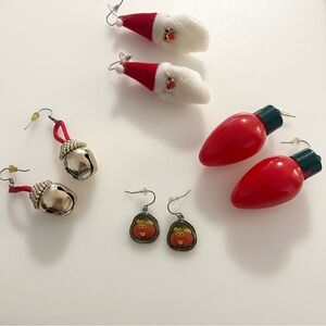 Set Of 4 Vintage Christmas Holiday Festive Santa Jingle Bell Earrings